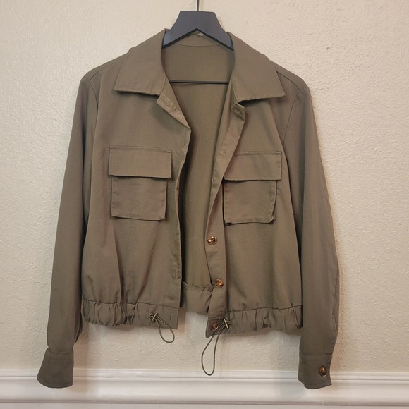 Utility Bomber Jacket Army Green Cuff Sleeve‎ Elastic Drawstring Waist Small - Picture 2 of 11